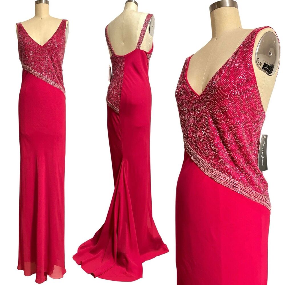 VTG Y2K 90s S/M Fuchsia Pink Maxi Gown Slip Dress Asymmetric Beading Train Bias